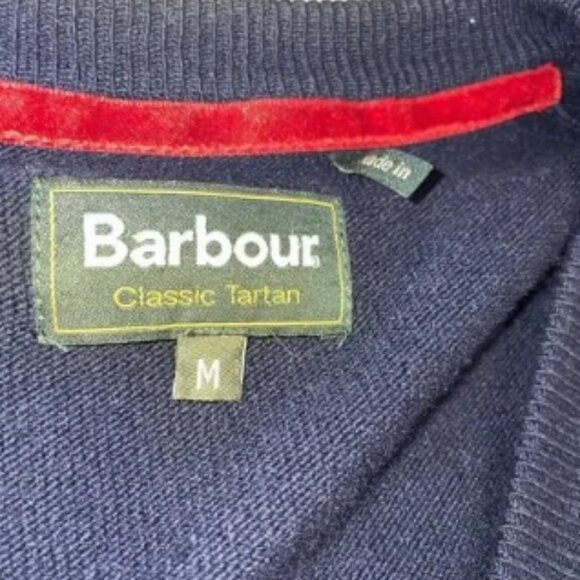 Barbour Men's Navy Blue v neck Cashmere wool Elbow Patch Tartan size Med - Picture 6 of 7
